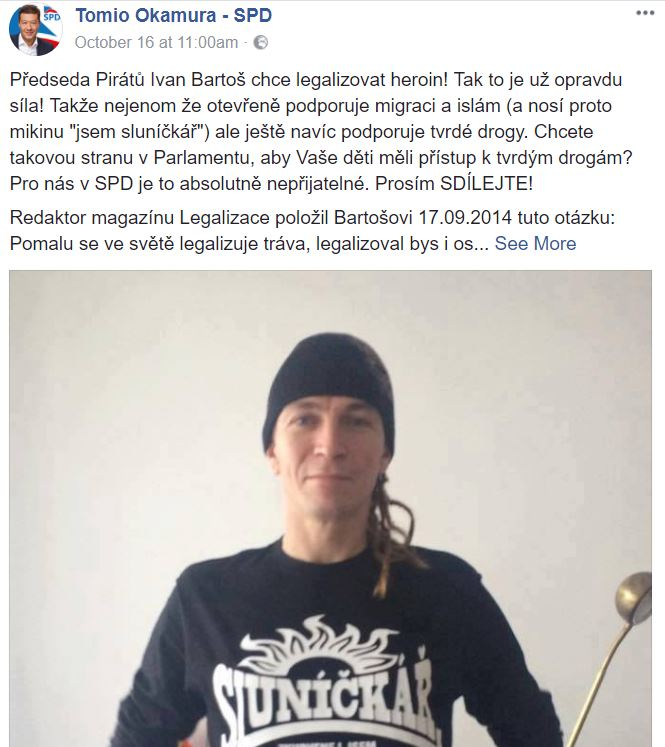 Takto Okamura zaútočil na lídra Pirátů Bartoše, který reálně o žádnou legalizaci heroinu neusiluje.