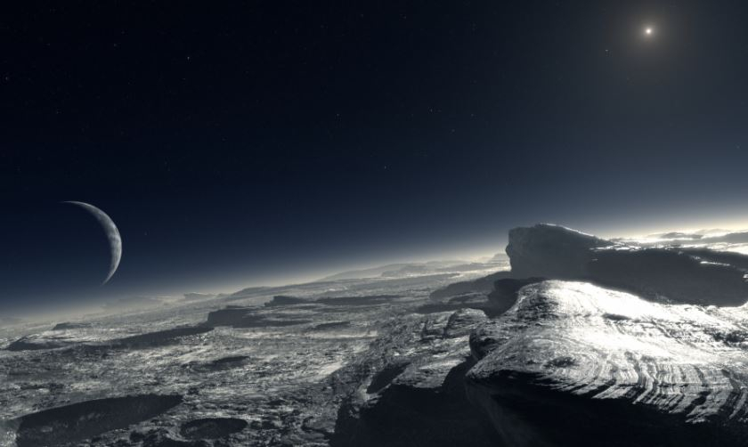 Jak by to asi mohlo vypadat na povrchu Pluta? Třeba nějak takhle. Velký dorůstající měsíc je Charon, malá tečka na obloze Slunce.