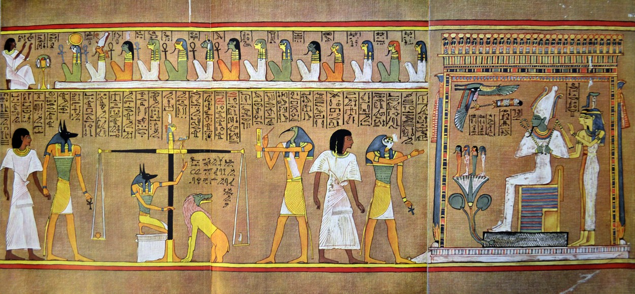 Huneferský papyrus se slavným vyobrazením "vážení duší" při přechodu ze světa živých do říše mrtvých