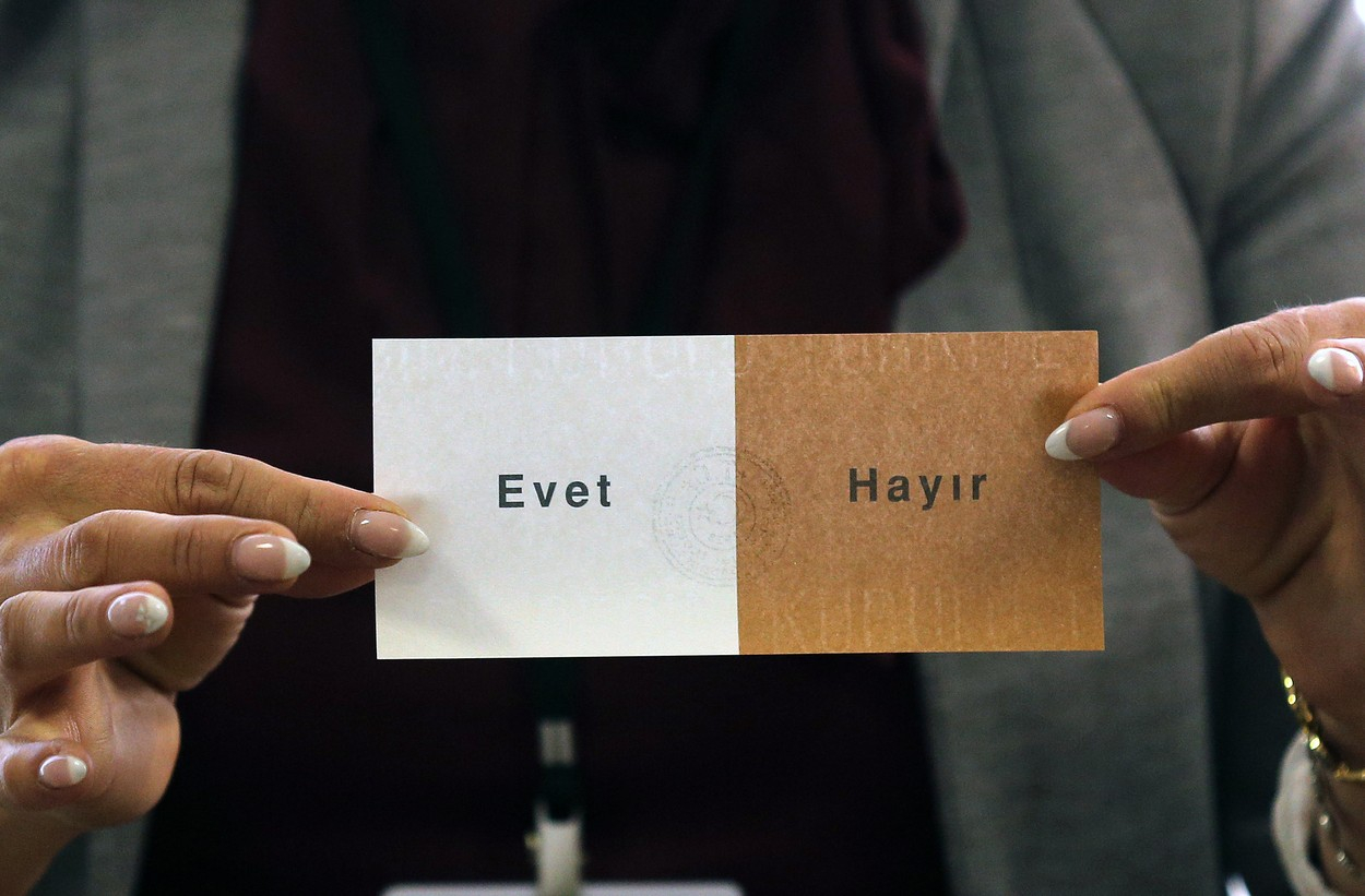Jednoduchý volební lístek tureckého referenda. ANO, nebo NE v neděli 16. dubna rozhodne o osudu země.