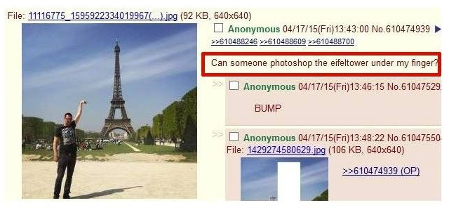 Může mi někdo naphotoshopovat Eiffelovku pod prst?