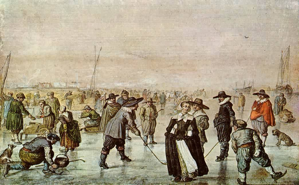 Obraz „Zábava na ledě“ od holandského malíře Hendricka Avercampa (1585 – 1634), který se – snad i následkem tehdejší „malé doby ledové“ – specializoval právě na zimní výjevy, tak neobvyklé pro jeho generační předchůdce.