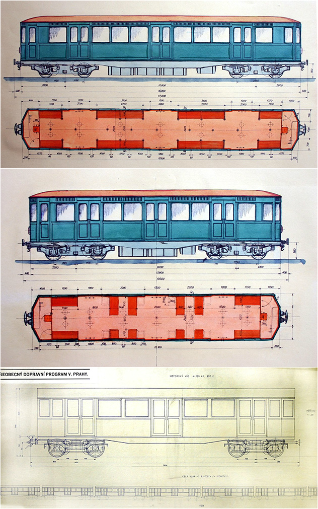 Projekty vozů pražského metra z počátku třicátých let. Krásné klasické vagony, žádné (ko)kotasoviny jako ty dnešní žehličkové tramvaje. 