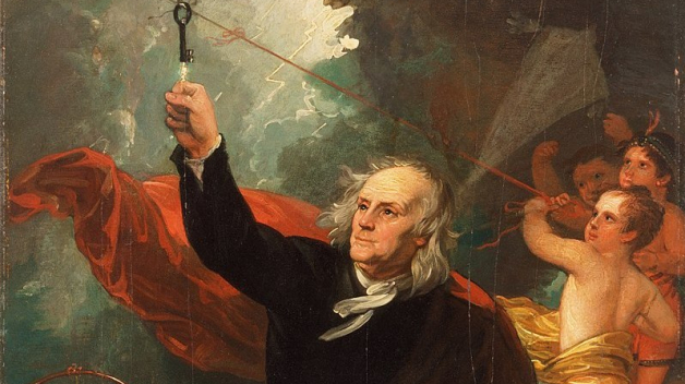 Vyobrazení Benjamina Franklina lapajícího blesky