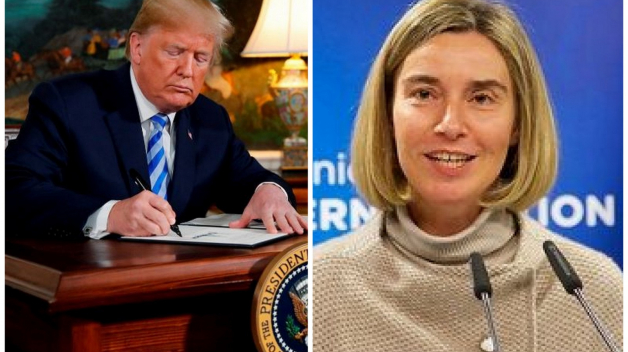 Dvě tvář politiky vůči Íránu. Donald Trump podepisující rozhodnutí o odchodu USA z jaderné dohody. Federica Mogheriniová nabízející pomoc.