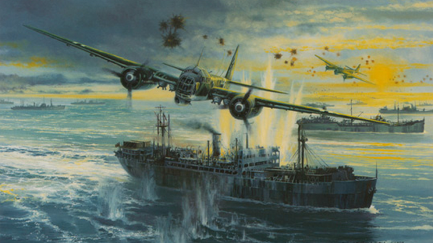 Umělecké ztvárnění útoků německé Luftwaffe na Arktický konvoj.