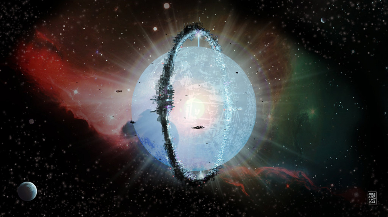 Umělecká představa neúplné Dysonovy sféry vybudované kolem hvězdy