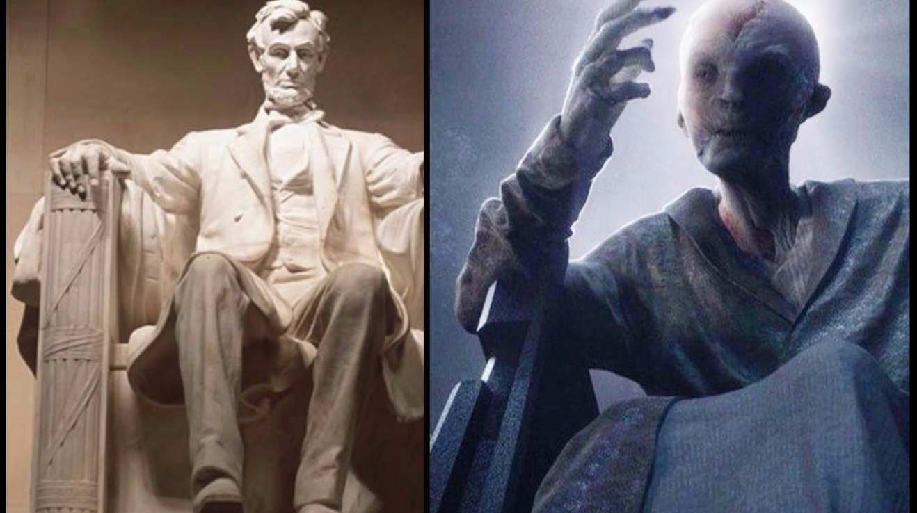 Zobrazení velitele Snokea v Epizodě VII je inspirováno monumentálním pomníkem Abrahama Lincolna.