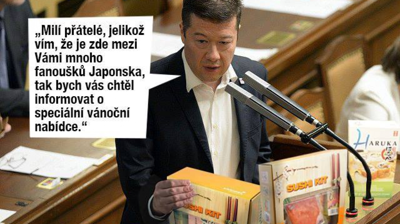 Pan Okamura při každém jednání Poslanecké sněmovny nabízí svůj sushi kit