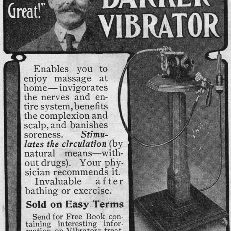 Rok 1906, reklama na Bakerův vibrátor vyráběný ve Filadelfii, v americkém státě Pensylvánie
