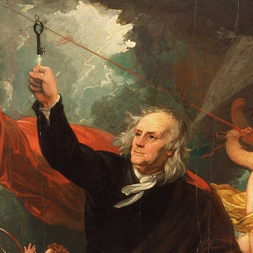 Vyobrazení Benjamina Franklina lapajícího blesky