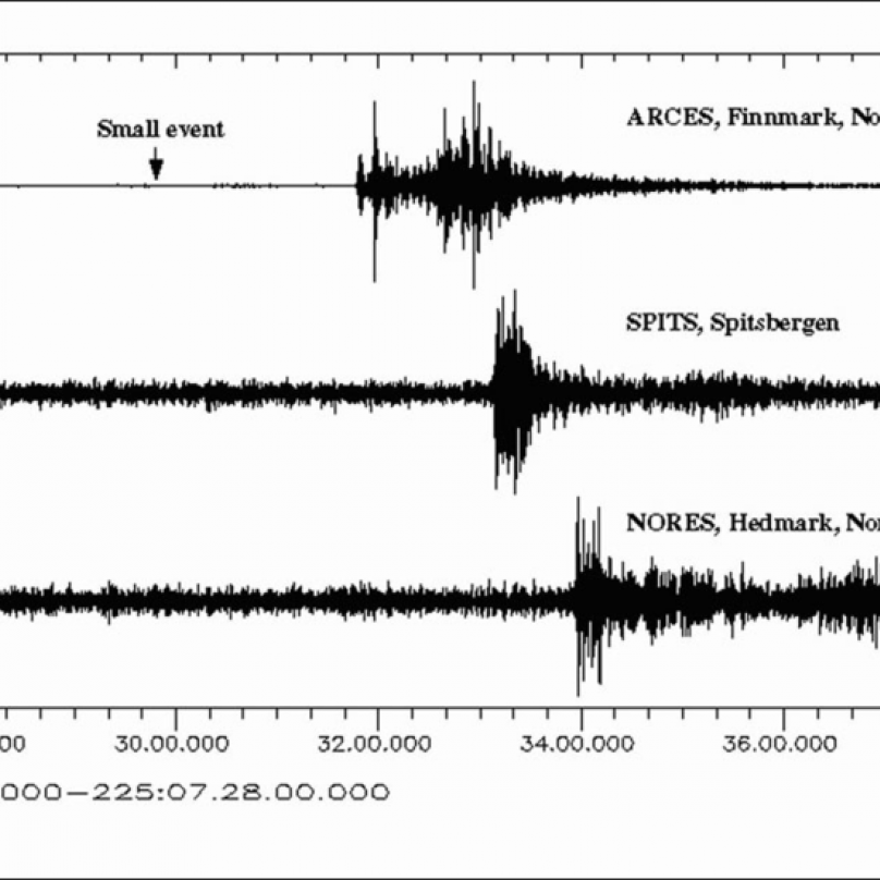 Záznam zemětřesení ze dne 12. srpna 2000 v oblasti Barentsova moře.