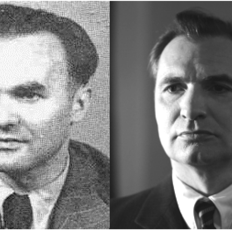 Vlevo šéf komunistické rozvědky Zdeněk Toman, vpravo jeho filmový představitel Jiří Macháček.