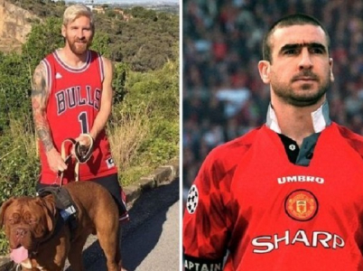  Eric Cantona si utahuje z Messiho účesu. 