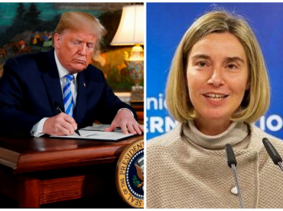 Dvě tvář politiky vůči Íránu. Donald Trump podepisující rozhodnutí o odchodu USA z jaderné dohody. Federica Mogheriniová nabízející pomoc.