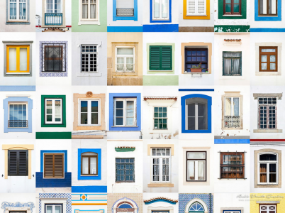 Portuguese photographer Andre Vicente Goncalves pays tribute to this architectural element, he photographs a variety of colorful exteriors, sills, shutters, and shapes, grouping individual images into large grids at towns of Portugal, Italy and France. “I