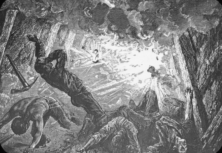 Umělecká představa, jak vypadalo jedno z největších důlních neštěstí historie ve velšském Colleiry 14. října 1913. Většinu z 439 mrtvých horníků nezabila sama exploze, ale otrava oxidem uhelnatým.
