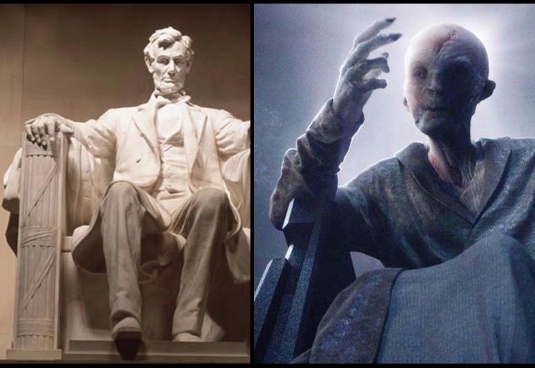 Zobrazení velitele Snokea v Epizodě VII je inspirováno monumentálním pomníkem Abrahama Lincolna.