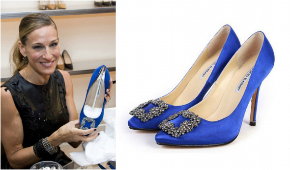 Sarah Jessica Parker s modrými botami od Manolo Blahnika