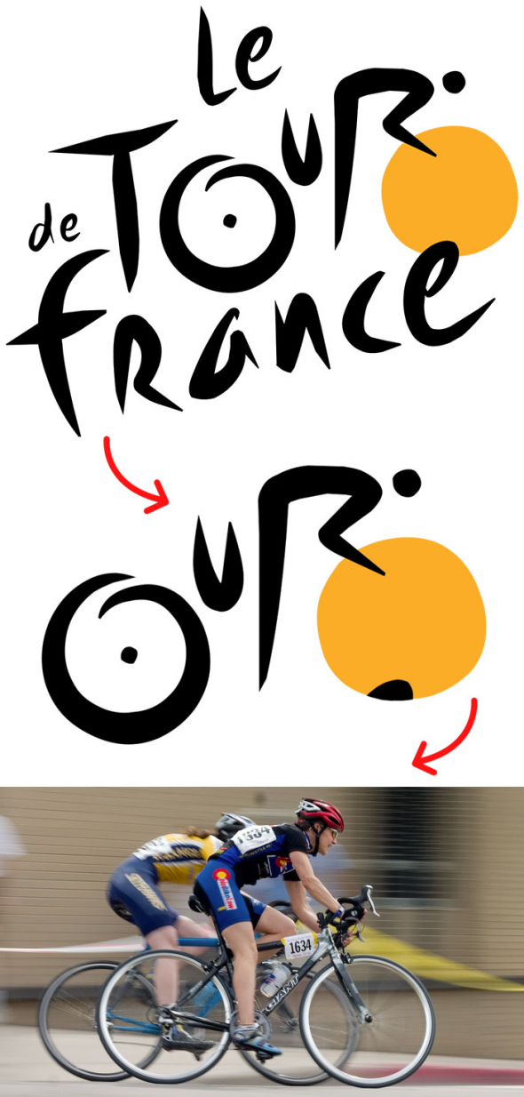 5. Etapový závod Tour de France je cyklistickým svátkem. To však poznáte i z loga, ve kterém na pozici písmena R najdete cyklistu při závodu.