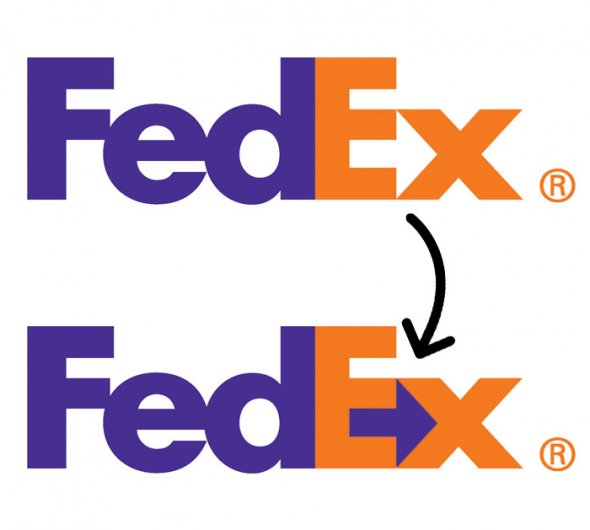 3. Zásilková společnost FedEx ve svém logu nenápadně ukazuje, že znají ten správný směr. Podívejte se na bílé místo mezi písmeny E a x. Co vidíte?