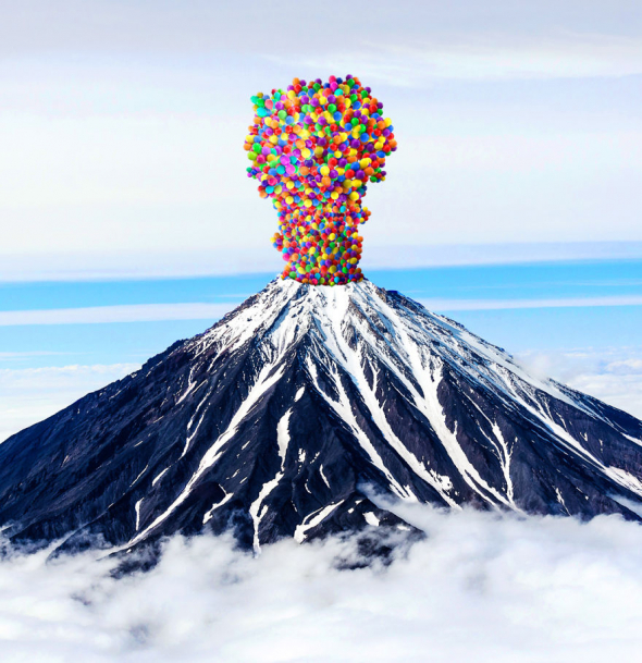 5# Přátelská sopka. Místo lávy chrlí balonky. Tak proč ne