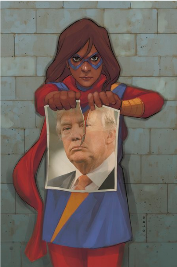 Superhrdina, který roztrhává portrét amerického prezidenta Trumpa
