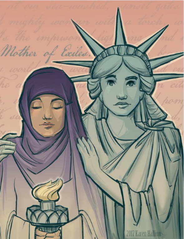 Socha Svobody utišující smutnou muslimskou ženu