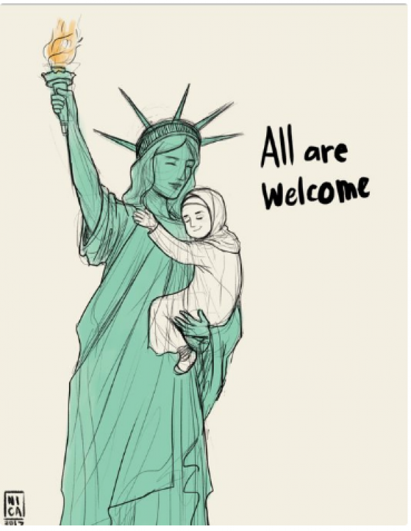 Socha Svobody, která hrdě hlásí, že „všichni jsou (v USA) vítaní“.