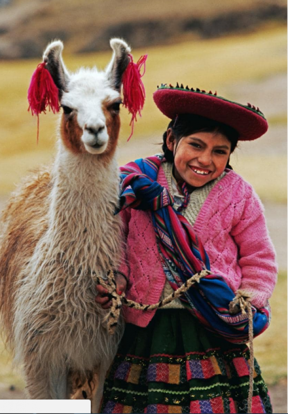 Fotka peruánské dívky v tradičním oděvu s lamou. To je opravdu velké klišé a trapná atrakce!