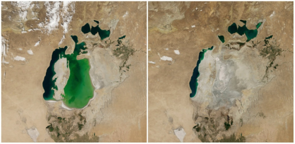 Aralské jezero ve Střední Asii. Vlevo foto z roku 2000 a vpravo z roku 2014.