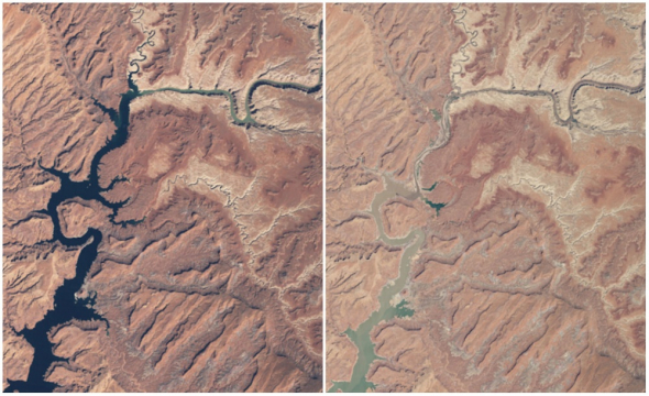 Jezero Powell na hranici Arizony a Utahu. Vlevo foto z roku 1999 a vpravo z roku 2014.