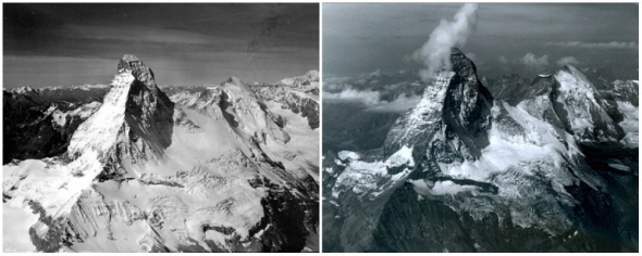 Hora Matterhorn na hranici Švýcarska a Itálie. Vlevo foto z roku 1960 a vpravo z roku 2005.